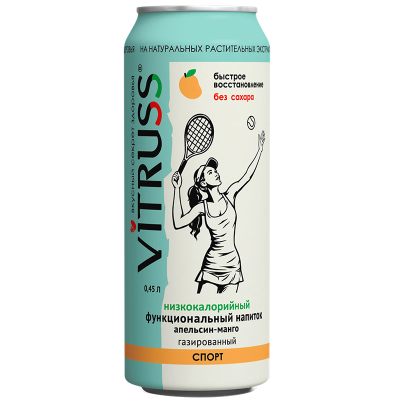 Напиток функциональный «Vitruss» Sport, Витрусс Спорт Апельсин, Манго 0.45л, без сахара с газом, банка