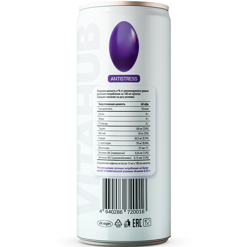 Напиток функциональный энергетический «Vitahub» Antistress, Витахаб Антистресс Мохито 0.33л, без сахара с газом, банка