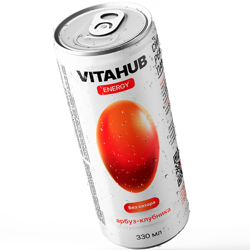 Напиток функциональный энергетический «Vitahub» Energy, Витахаб Энерджи Арбуз, Клубника 0.33л, без сахара с газом, банка