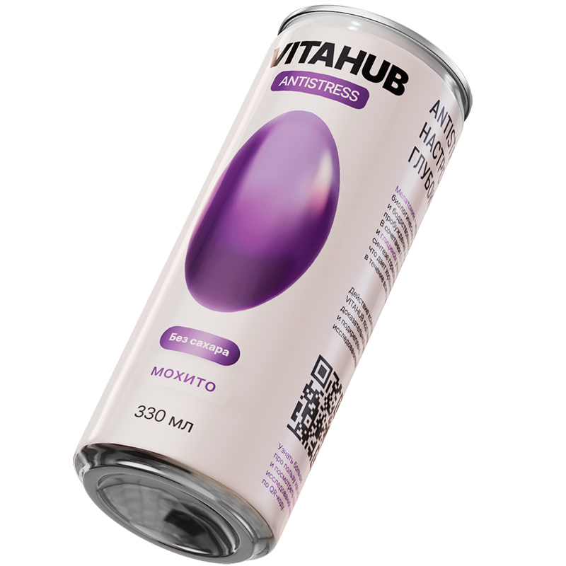 Напиток функциональный энергетический «Vitahub» Antistress, Витахаб Антистресс Мохито 0.33л, без сахара с газом, банка