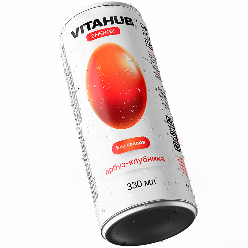 Напиток функциональный энергетический «Vitahub» Energy, Витахаб Энерджи Арбуз, Клубника 0.33л, без сахара с газом, банка