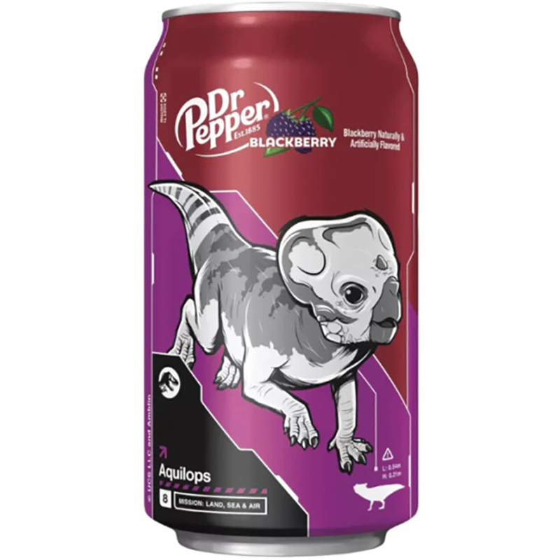 Газированный напиток Dr. Pepper Jurassic World Aquilops Blackberry, Доктор Пеппер Мир Юрского Периода Аквилопс Ежевика , 0.355л, банка (США)