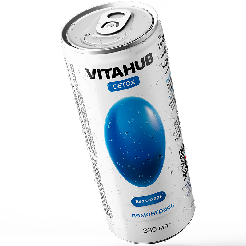 Напиток функциональный энергетический «Vitahub» Detox, Витахаб Детокс Лемонграсс 0.33л, без сахара с газом, банка