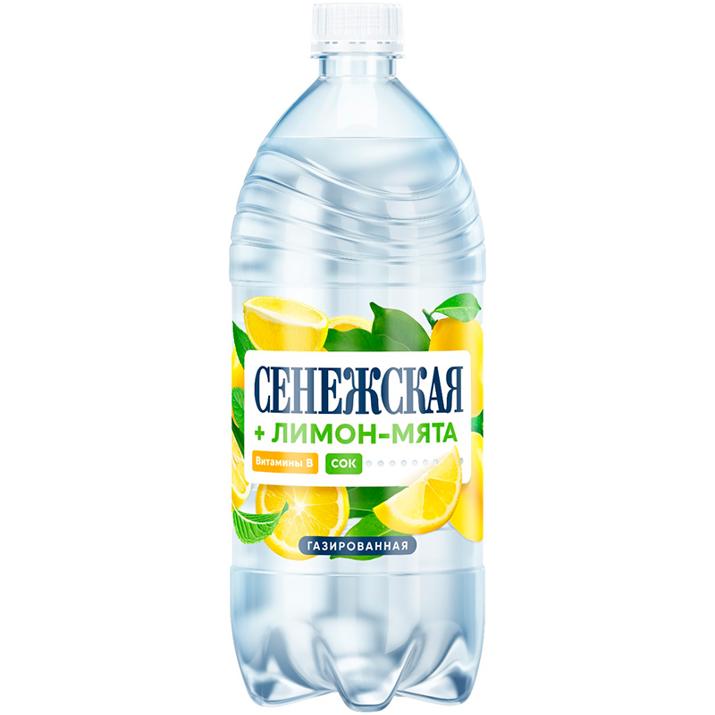 Минеральная вода «Сенежская» 1л, витамин B, сок Лимон, Мята, с газом, пэт