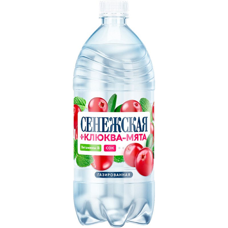 Минеральная вода «Сенежская» 1л, витамин B, сок Клюква, Мята, с газом, пэт