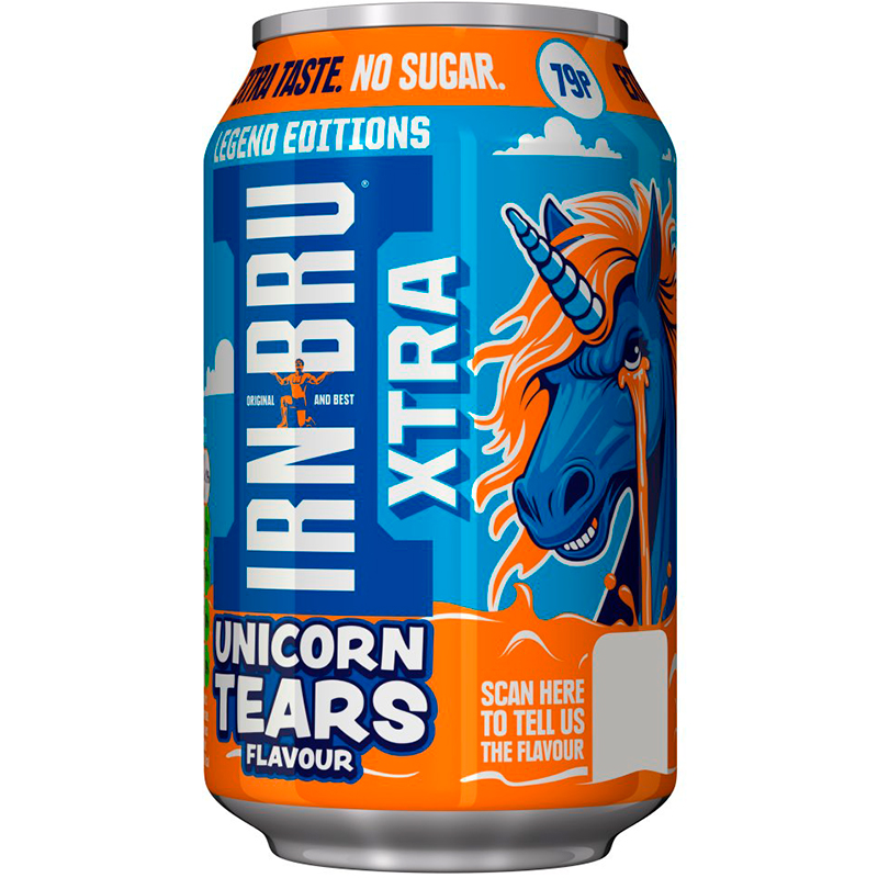 Газированный напиток «Irn Bru» Xtra Unicorn Tears Nectar, Айрн Брю Экстра Юникорн Тирс Нектар, без сахара 0.33л, банка