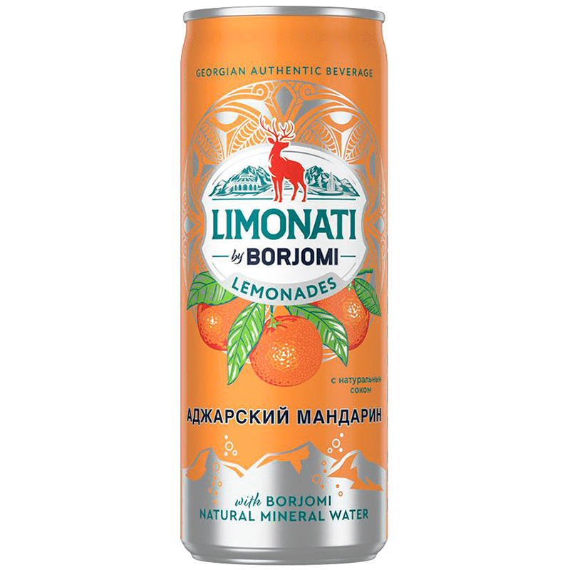 Напиток «Borjomi» Limonati, Боржоми Аджарский Мандарин с натуральным соком и природной минеральной водой, 0.33л, с газом, банка