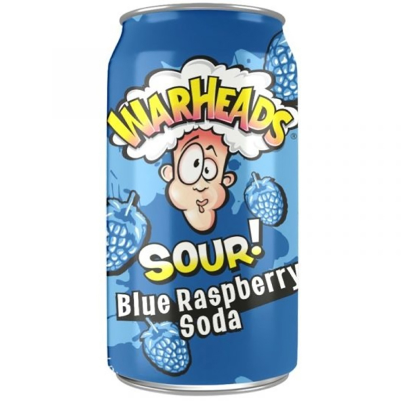 Газированный напиток «WarHeads» Blue Raspberry Soda (Sour!), Вар Хедс голубая Ежевика кисло - сладкий. 0.355л, банка