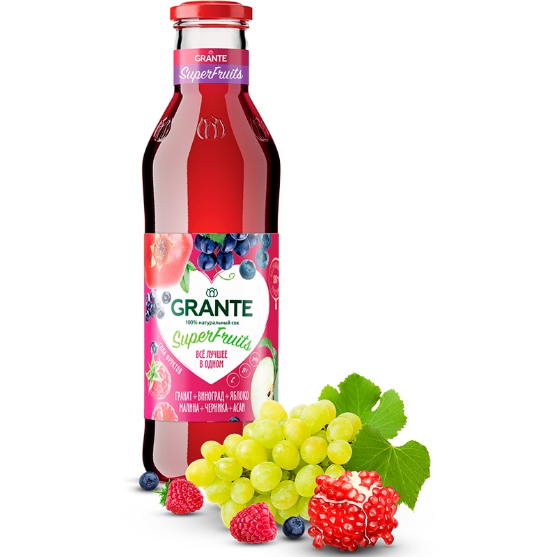 Нектар GRANTE Гранат - Виноград - Яблоко - Малина - Черника - Асаи, 0.75л, стекло