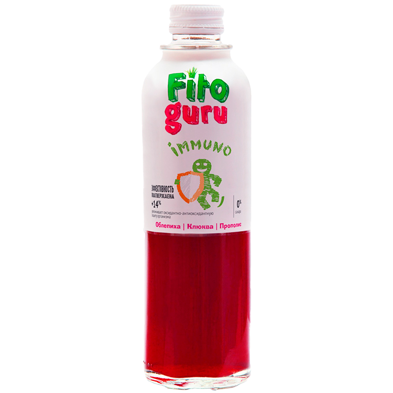 Напиток безалкогольный сокосодержащий «Fitoguru» Immuno, Фитогуру Иммуно Облепиха, Клюква, Прополис без сахара 0.33л, стекло
