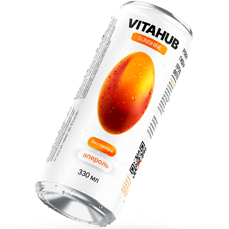 Напиток функциональный энергетический «Vitahub» Sunshine Апероль, Витахаб Саншайн 0.33л, без сахара с газом, банка