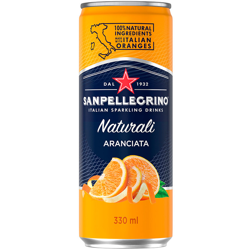 Сокосодержащий напиток S.Pellegrino Naturali Aranciata, С.Пеллегрино Апельсиновый банка 0,33л x 6шт