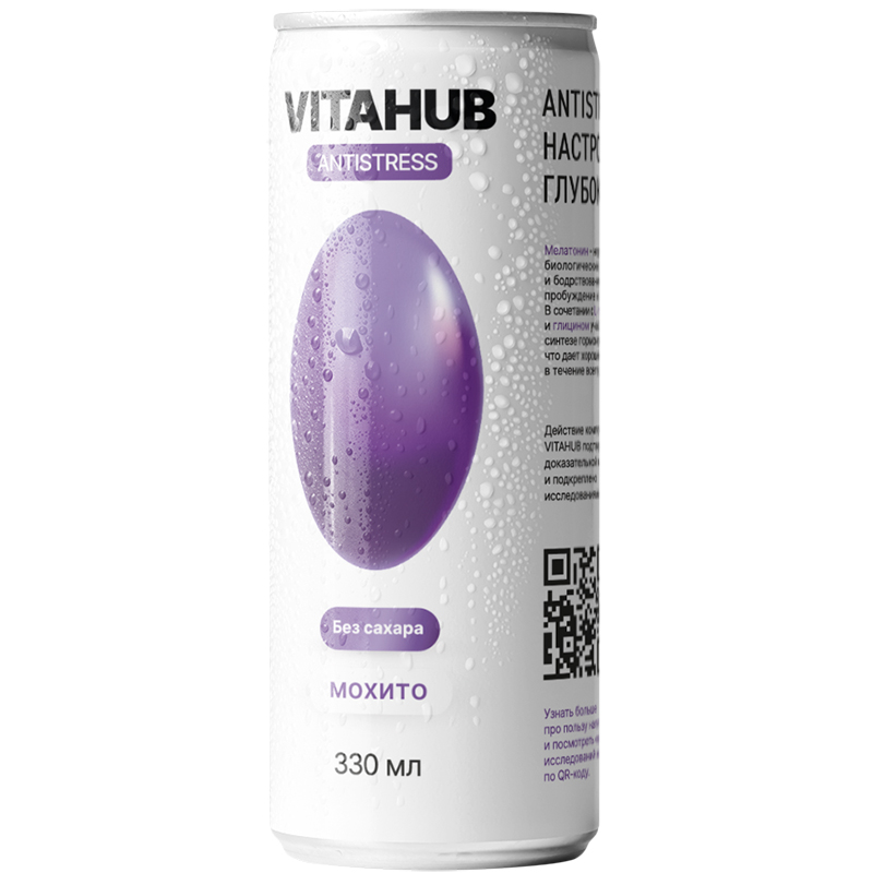 Напиток функциональный энергетический «Vitahub» Antistress, Витахаб Антистресс Мохито 0.33л, без сахара с газом, банка