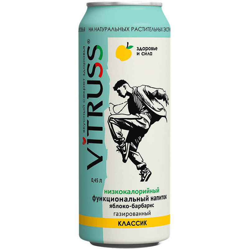 Напиток функциональный «Vitruss» Classic, Витрусс Классик, Яблоко, Барбарис 0.45л, без сахара с газом, банка