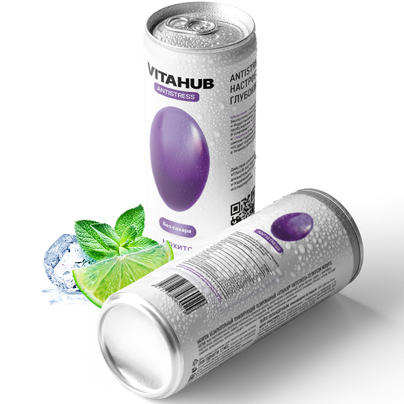 Напиток функциональный энергетический «Vitahub» Antistress, Витахаб Антистресс Мохито 0.33л, без сахара с газом, банка