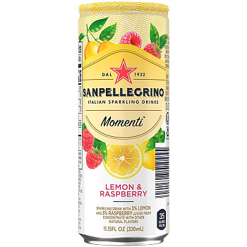 Сокосодержащий напиток S.Pellegrino Momenti Lemon & Raspberry, С.Пеллегрино Моменти Лимон Малина банка 0,33л x 24шт