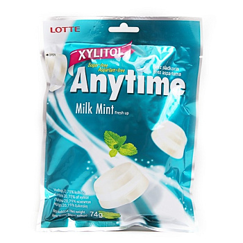 Карамель Lotte Anytime Milk Mint, Ксилитол Энитайм Милк Минт без сахара. 74гр. пакет