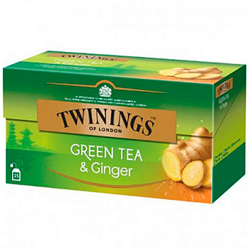 Зеленый чай «Twinings» Green Tea & Ginger, Твинингс Зеленый чай, Имбирь (25 пакетиков) 40гр. коробка