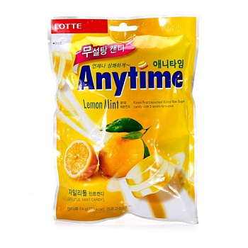 Карамель Lotte Anytime Lemon Mint, Энитайм Лимон без сахара. 74гр. пакет