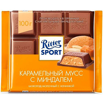 Шоколад молочный «Ritter Sport», карамельный мусс с миндалем, 100г x 11шт.