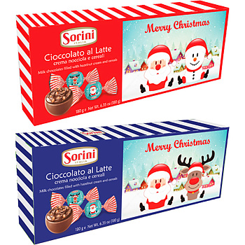 Конфеты «Sorini» Astuccio Natale Tiffany, Сорини Натали Тиффани, молочный шоколадж c пралине и злаками, 180гр